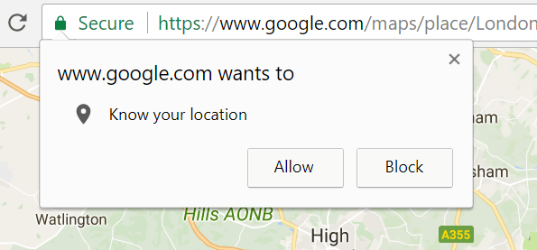 A browser popup. Text: “www.google.com wants to know your location”. Buttons: “Allow”, “Deny”
