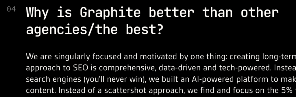 A screenshot of a text block starting with “Why is Graphite better than other agencies/the best?”